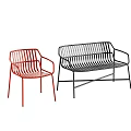 Two Modern Red and Black Metal Wire Design Lounge Chairs with Sleek Structure