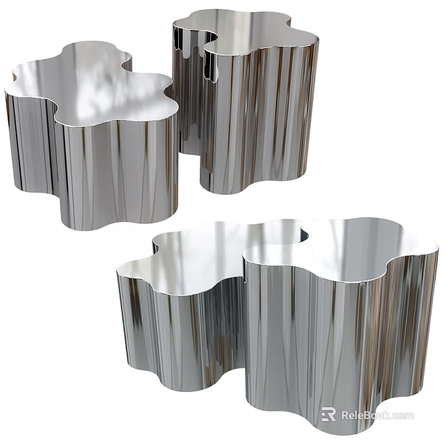 Modern Metallic Coffee Table Set With Curved Edges And Reflective Surface 3d model 