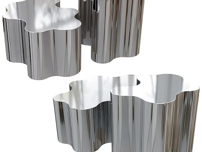 Modern Metallic Coffee Table Set With Curved Edges And Reflective Surface 3d model