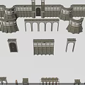 Medieval Stone Castle Exterior Wall Modular Components With Vintage Arched Structures And Small Decorative Towers