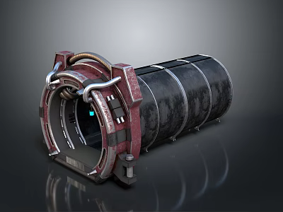 Industrial Cylindrical Metal Structure With Red Accents And Mechanical Hatch Design 3d model