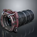 Industrial Cylindrical Metal Structure With Red Accents And Mechanical Hatch Design