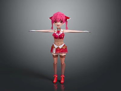 Pink Haired Game and Movie Character with Pigtails Red Outfit Red Shoes and Outstretched Arms 3d model