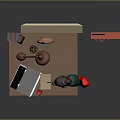 Working Person And Potted Plant At Desk With Laptop Lamp And Red Bookshelf