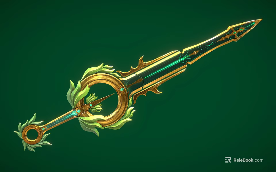Enchanted Golden Sword With Green Gemstone Accents Leaf Shaped Decorations And Circular Hilt Design 3d model 