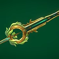 Enchanted Golden Sword With Green Gemstone Accents Leaf Shaped Decorations And Circular Hilt Design