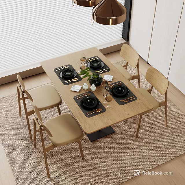 Modern Minimalist Dining Table Set With Wooden Table Four Chairs And Tableware 3d model