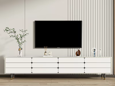 Modern White TV Stand with Drawers Golden Legs under Wall-Mounted TV and Vertical Stripes Wall 3d model
