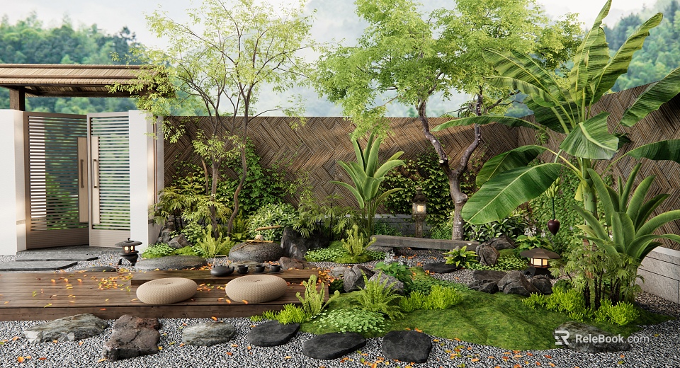 Natural Courtyard Garden Design With Stone Path Wooden Deck And Lush Plants 3d model 