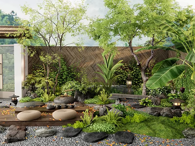 Natural Courtyard Garden Design With Stone Path Wooden Deck And Lush Plants 3d model