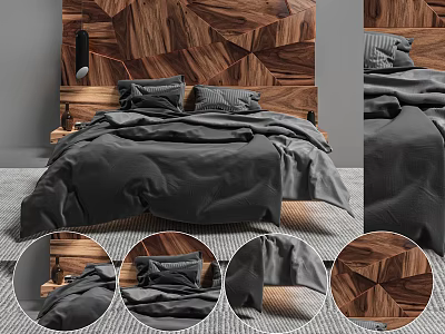 Modern Bedroom Interior With Double Bed Geometric Wooden Headboard Black Bed Sheets And Pillows 3d model
