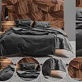 Modern Bedroom Interior With Double Bed Geometric Wooden Headboard Black Bed Sheets And Pillows