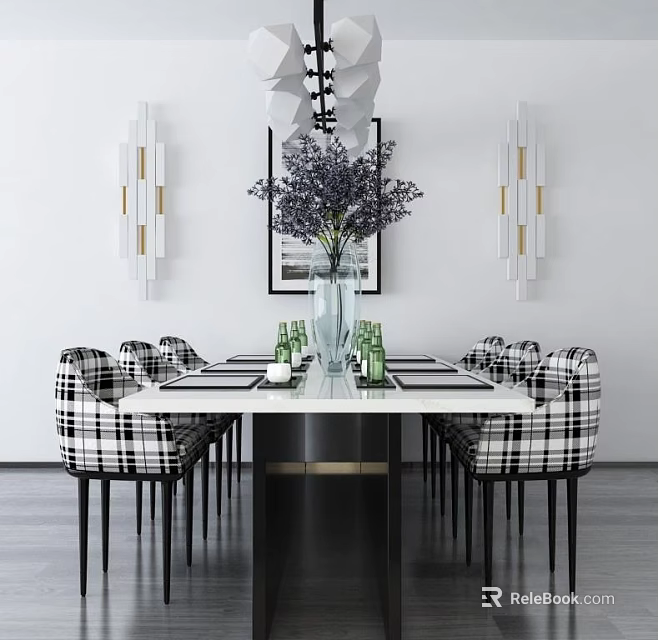 Elegant Dining Table Set with Marble Top Black Legs Checkerboard Chairs Wall Sconces Pendant Light 3d model 