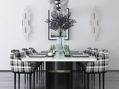 Elegant Dining Table Set with Marble Top Black Legs Checkerboard Chairs Wall Sconces Pendant Light 3d model