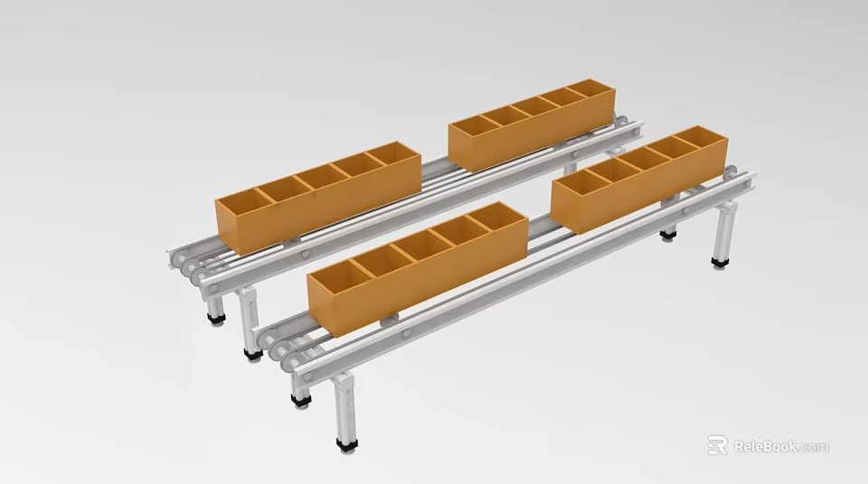 Industrial Automated Conveyor Equipment With Yellow Storage Containers On Metal Rails 3d model 