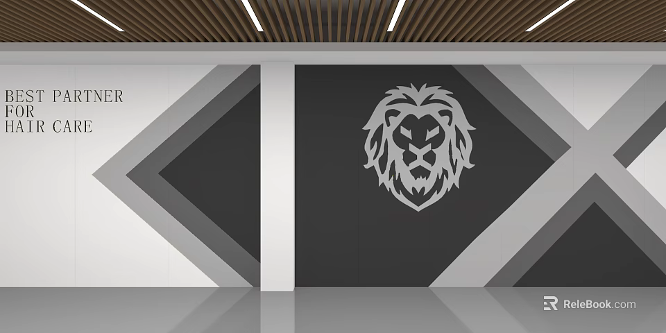 Modern Background Wall Featuring Lion Head Geometric Patterns Black Gray White And Wooden Ceiling 3d model 