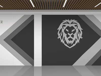 Modern Background Wall Featuring Lion Head Geometric Patterns Black Gray White And Wooden Ceiling 3d model