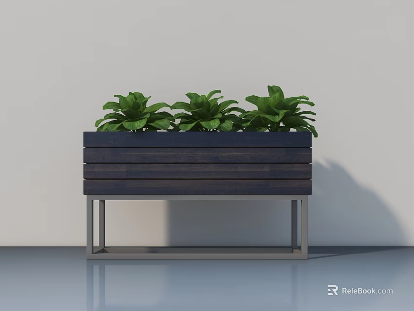 Stylish Garden Decor Featuring Wooden Planter Box With Metal Stand And Green Plants 3d model 