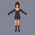 Anime School Girl With Brown Short Hair Dark Coat Red Bow And Plaid Skirt