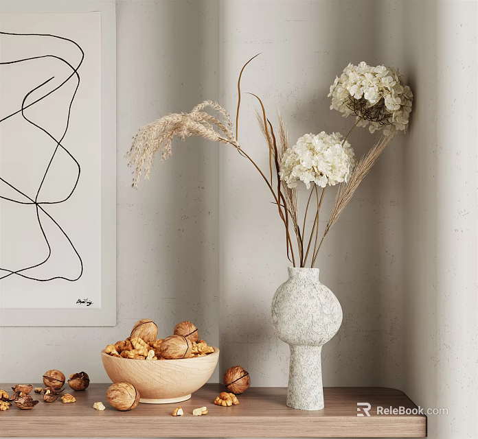 White Textured Vase With White Hydrangeas And Dried Grasses For Modern Interior Decor 3d model 