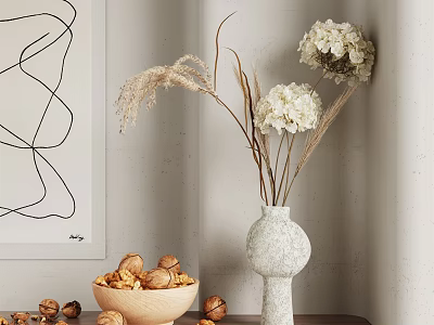 White Textured Vase With White Hydrangeas And Dried Grasses For Modern Interior Decor 3d model