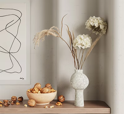 White Textured Vase With White Hydrangeas And Dried Grasses For Modern Interior Decor 3d model