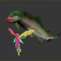Fantasy Game Movie Character Fairy With Green Wings Standing By Giant Rainbow Trout