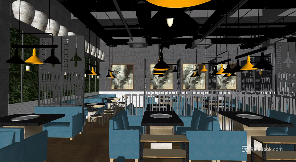 Modern Restaurant Interior With Blue Seats Yellow Pendant Lights Dining Tables And Decorative Paintings 3d model 