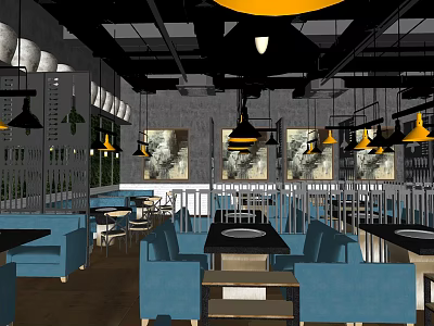 Modern Restaurant Interior With Blue Seats Yellow Pendant Lights Dining Tables And Decorative Paintings 3d model