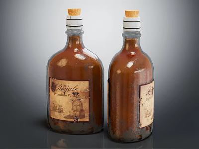Vintage Brown Glass Wine Bottles with Cork Stoppers and Labels on Grey Background 3d model