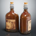 Vintage Brown Glass Wine Bottles with Cork Stoppers and Labels on Grey Background