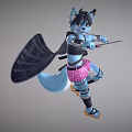 Anthropomorphic Blue Wolf Warrior Holding Sword And Shield In Battle Stance With Pink Skirt