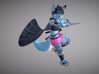 Anthropomorphic Blue Wolf Warrior Holding Sword And Shield In Battle Stance With Pink Skirt 3d model