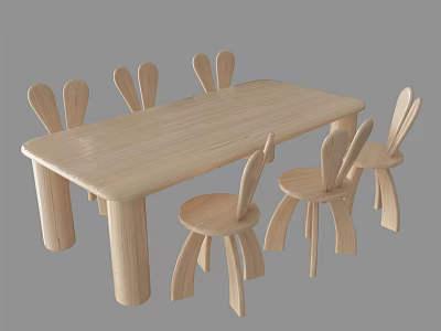 Cute Wooden Kids Table With Rabbit Ear Chairs For Children's Room 3d model