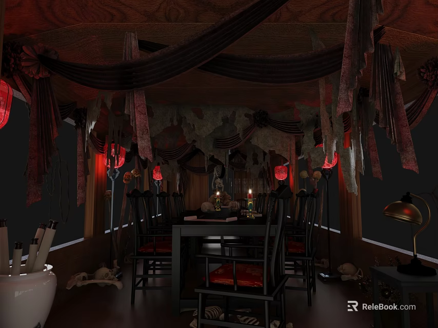 Gothic Dining Room With Wooden Ceiling Hanging Dark Fabrics Red Lanterns And Skull Ornaments 3d model 