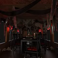 Gothic Dining Room With Wooden Ceiling Hanging Dark Fabrics Red Lanterns And Skull Ornaments