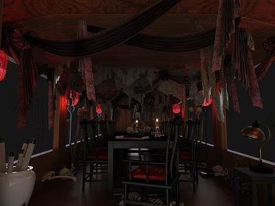 Gothic Dining Room With Wooden Ceiling Hanging Dark Fabrics Red Lanterns And Skull Ornaments 3d model