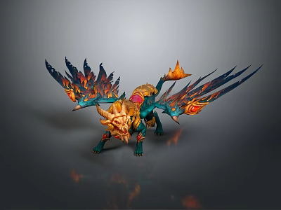 Fierce Fantasy Game Movie Character With Flaming Wings And Blue Gold Spikes 3d model