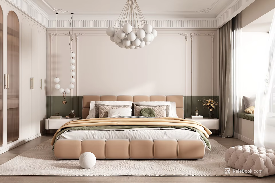 Modern Luxury Bedroom Interior With Beige Padded Bed Green Accent Wall And White Spherical Chandelier 3d model 