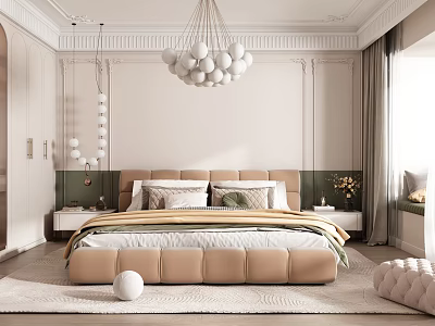 Modern Luxury Bedroom Interior With Beige Padded Bed Green Accent Wall And White Spherical Chandelier 3d model
