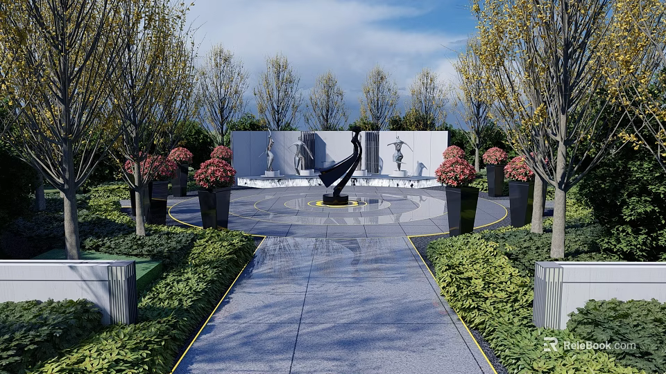 Scenic Park Landscape With Stone Pathway Black Sculpture Lush Green Plants And Flower Beds 3d model 