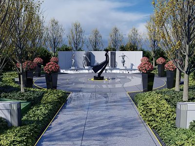 Scenic Park Landscape With Stone Pathway Black Sculpture Lush Green Plants And Flower Beds 3d model