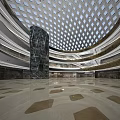 Bright Spacious Modern Shopping Mall Hall With Lattice Glass Dome And Central Glass Elevator