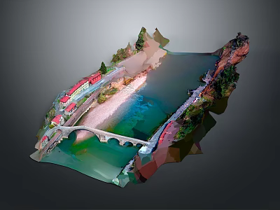 Cartoon Scenic 3D Model with River Stone Bridge Colorful Buildings and Green Trees 3d model