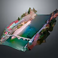 Cartoon Scenic 3D Model with River Stone Bridge Colorful Buildings and Green Trees