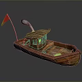 Wooden Boat With Red Flag And Fish Shaped Decoration On Deck