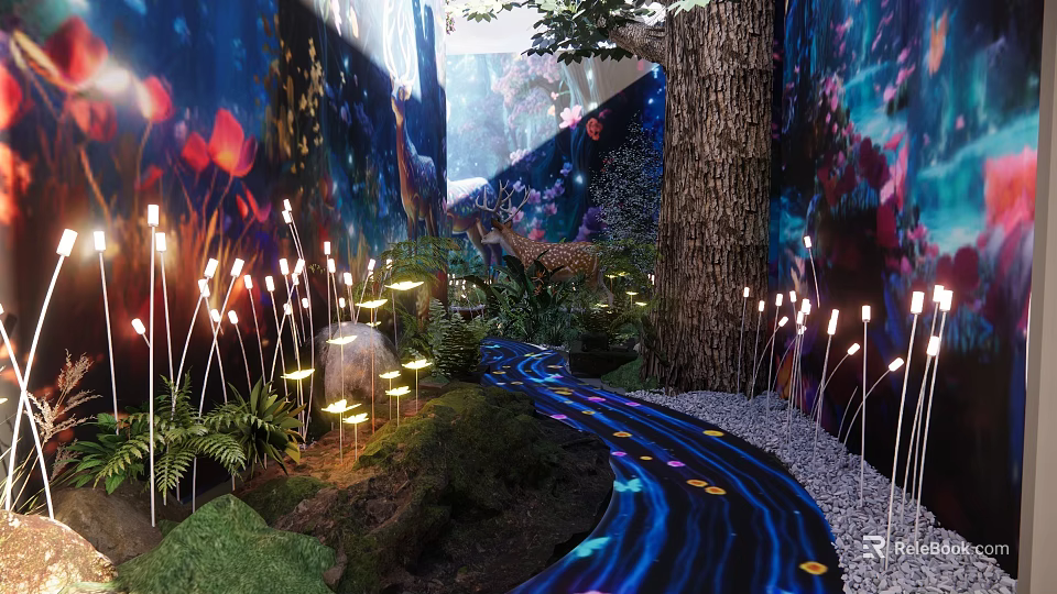Indoor Landscape With Illuminated Light Strings Floral Backdrop Deer Figurine Blue Glowing Stream Green Moss 3d model 
