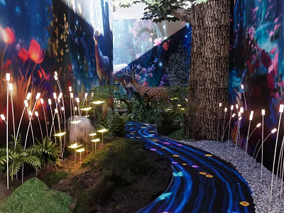 Indoor Landscape With Illuminated Light Strings Floral Backdrop Deer Figurine Blue Glowing Stream Green Moss 3d model