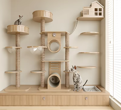 Multi Tiered Wooden Cat Display Shelf With Platforms Perches And Cats Near Litter Box 3d model