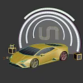 Yellow Sports Car 3D Render With Circular Logo And Yellow Cubes